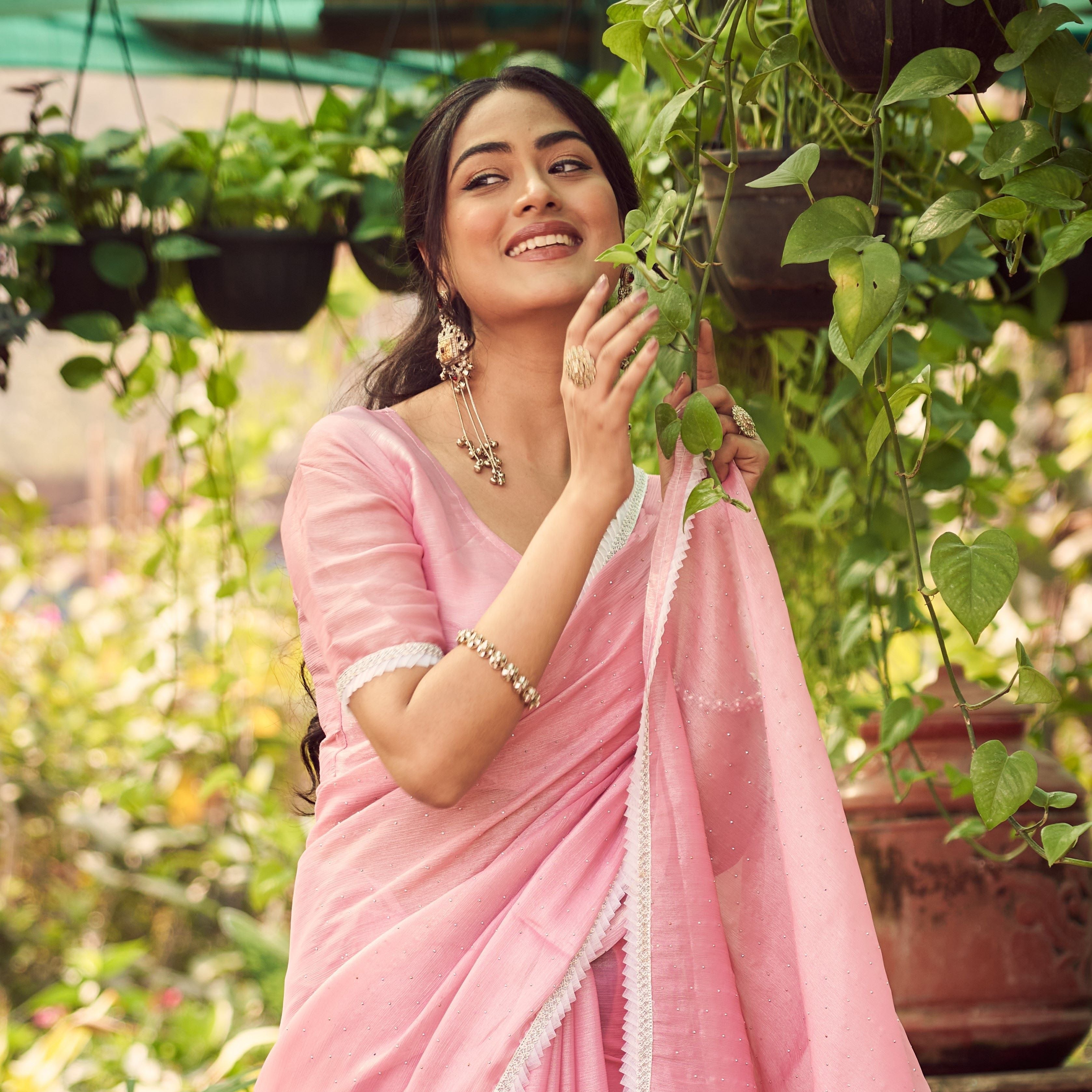 Blush Pink Grace Chiffon Saree | Delicate Border & Blouse
