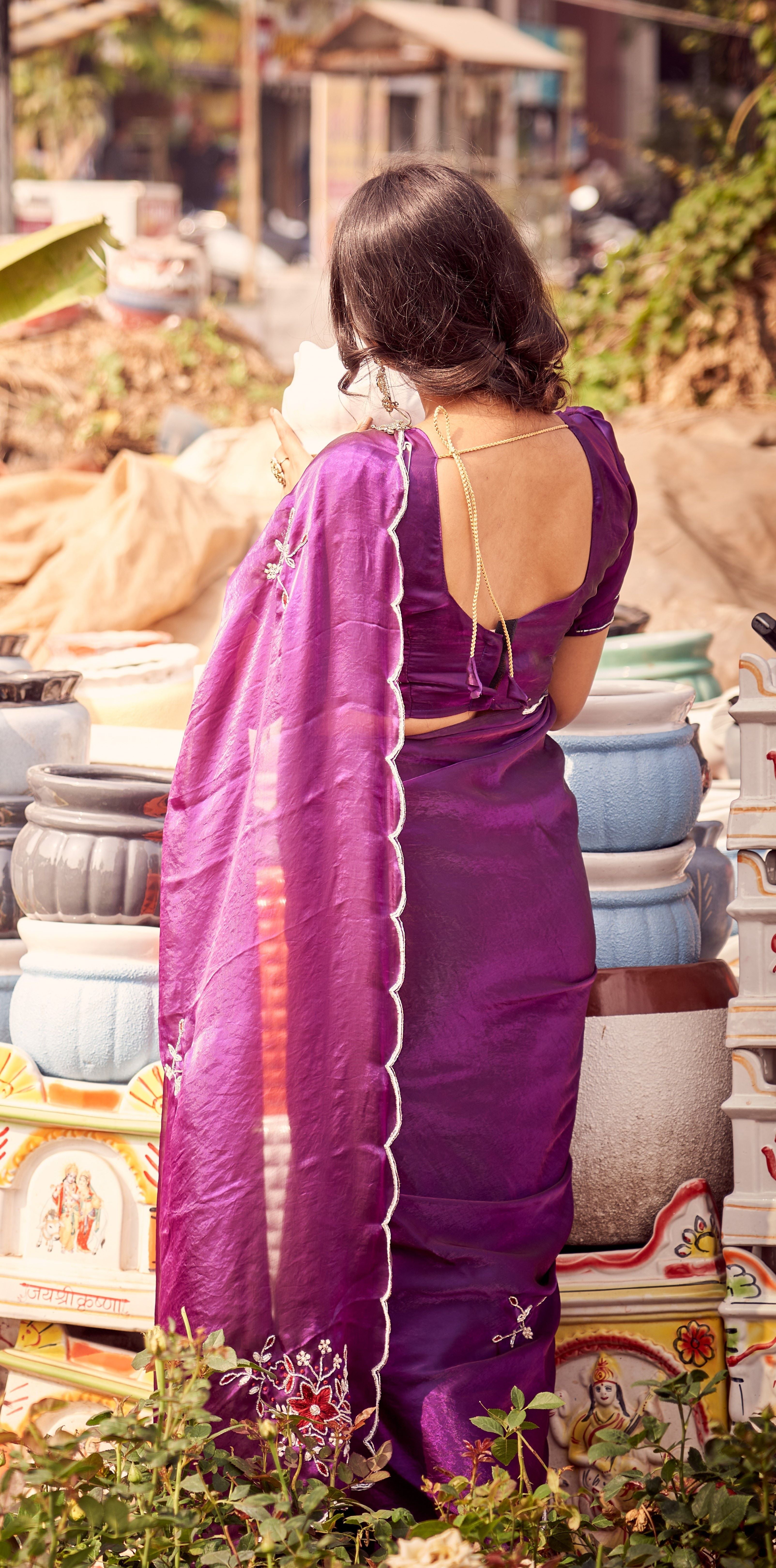 Royal Plum Chiffon Saree | Delicate Border & Blouse