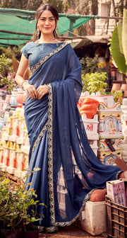 Elegant Navy Blue Saree with Intricate Lace Border