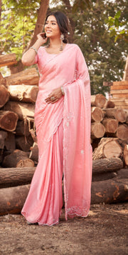 Blush Pink Tussar Silk Saree with Floral Embroidery Border & Blouse Piece