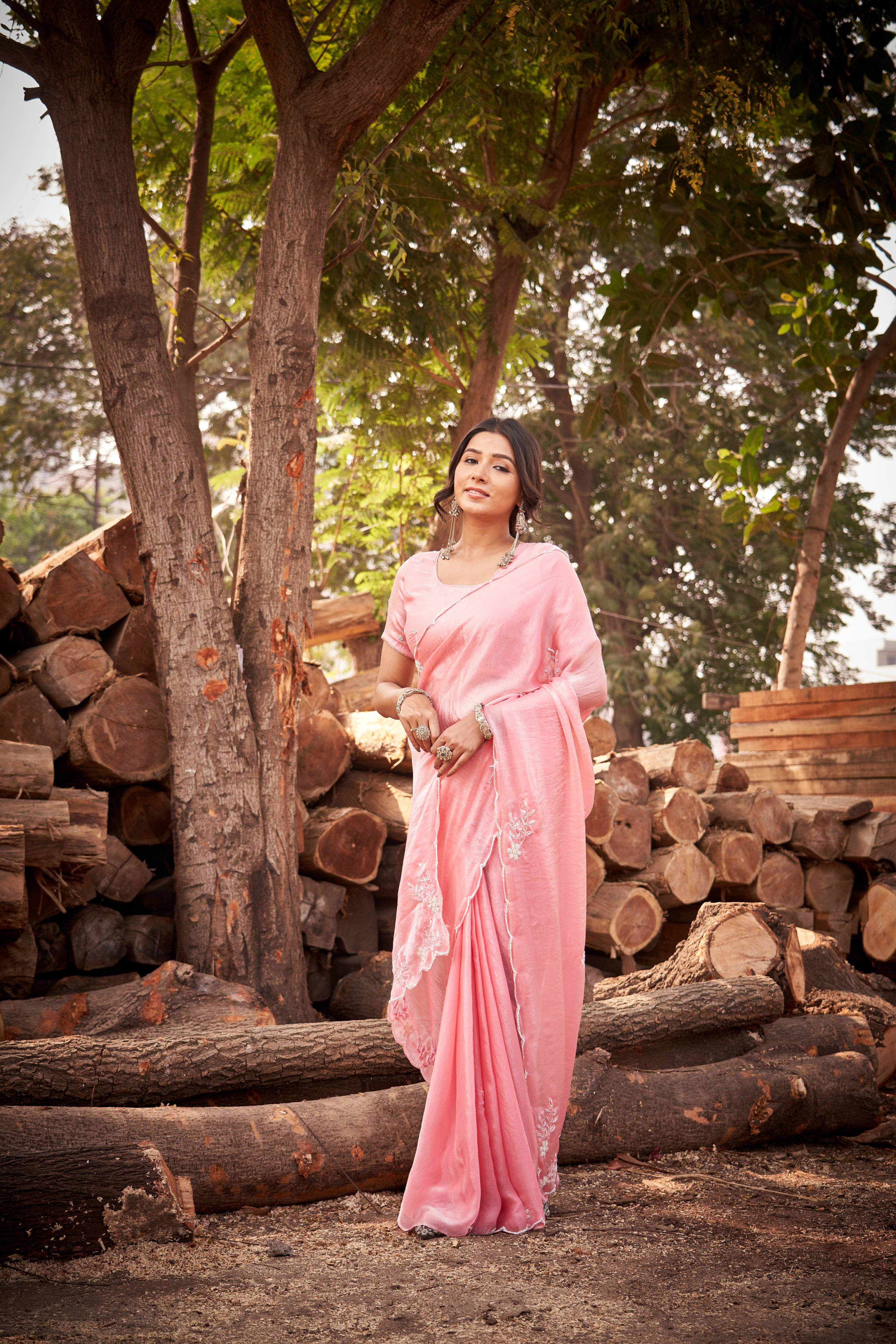 Blush Pink Tussar Silk Saree with Floral Embroidery Border & Blouse Piece
