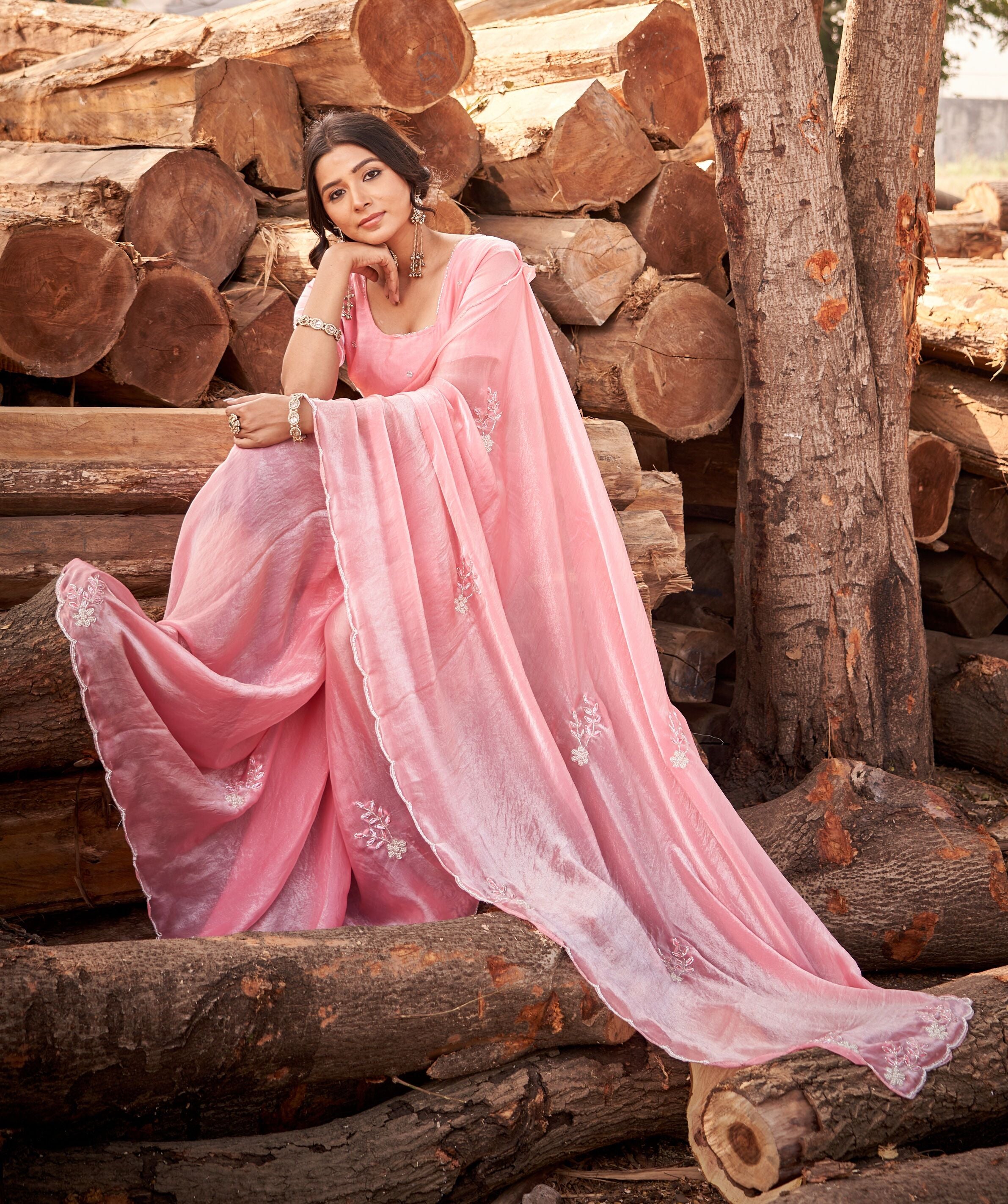Blush Pink Tussar Silk Saree with Floral Embroidery Border & Blouse Piece