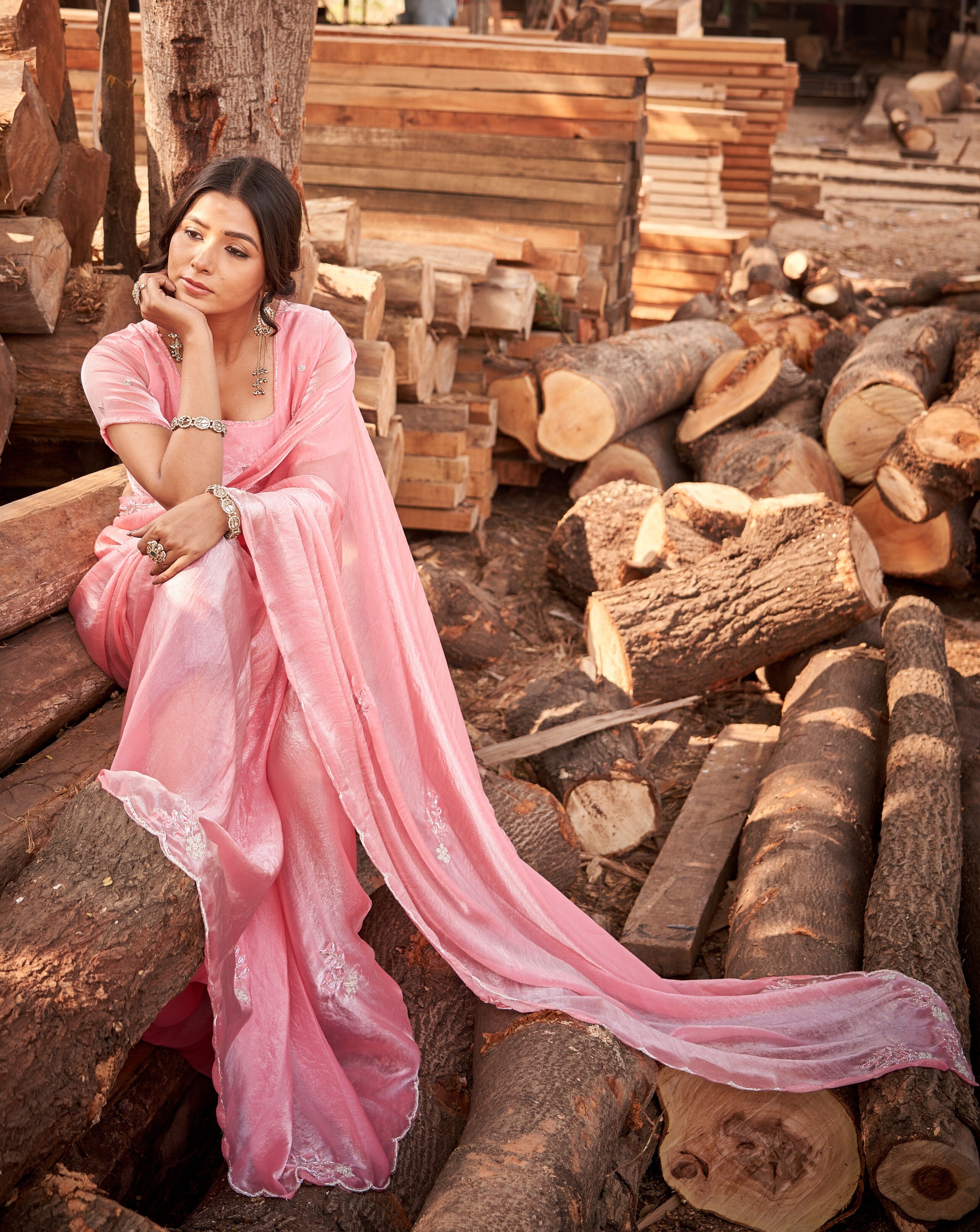 Blush Pink Tussar Silk Saree with Floral Embroidery Border & Blouse Piece