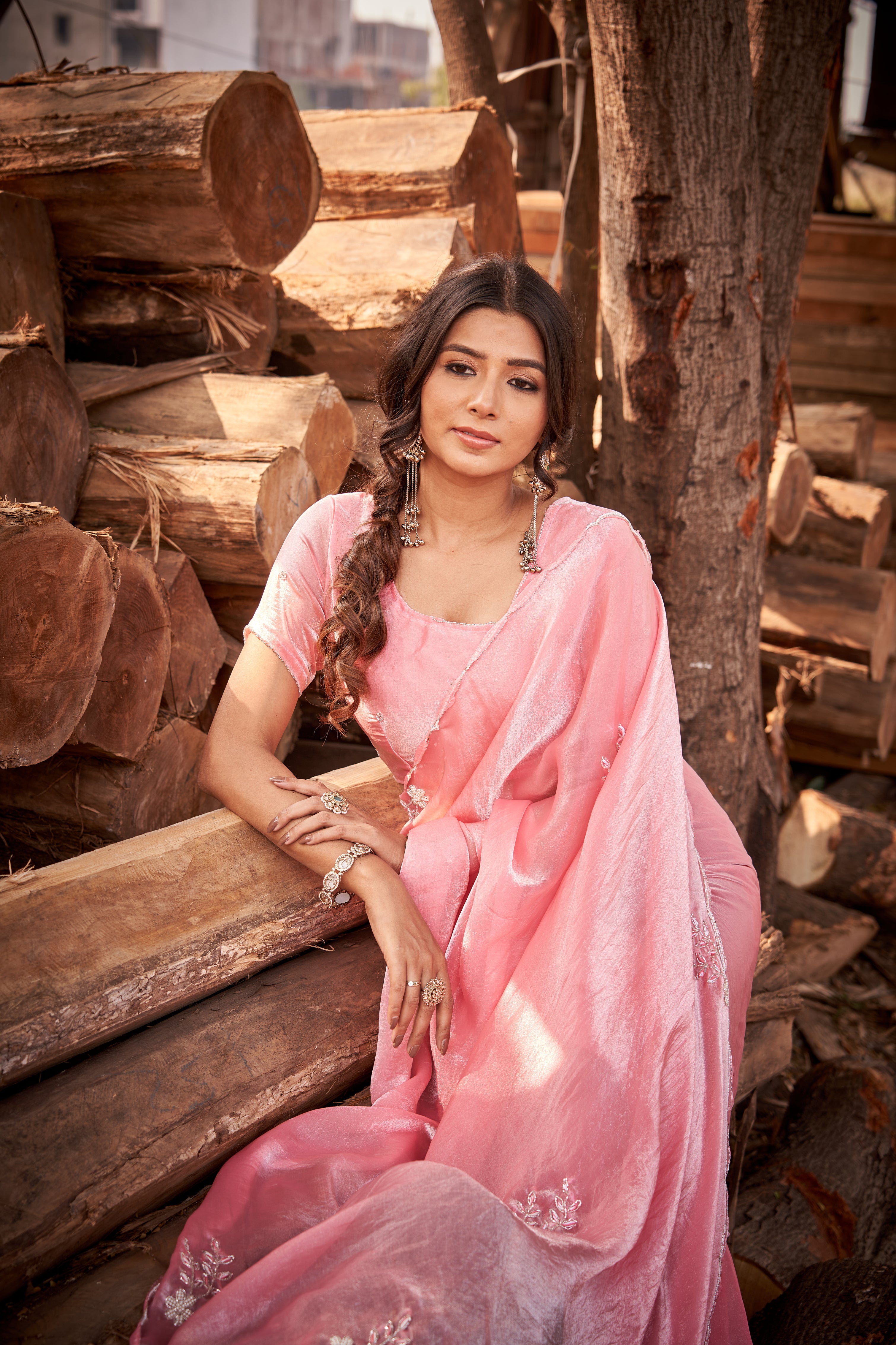 Blush Pink Tussar Silk Saree with Floral Embroidery Border & Blouse Piece
