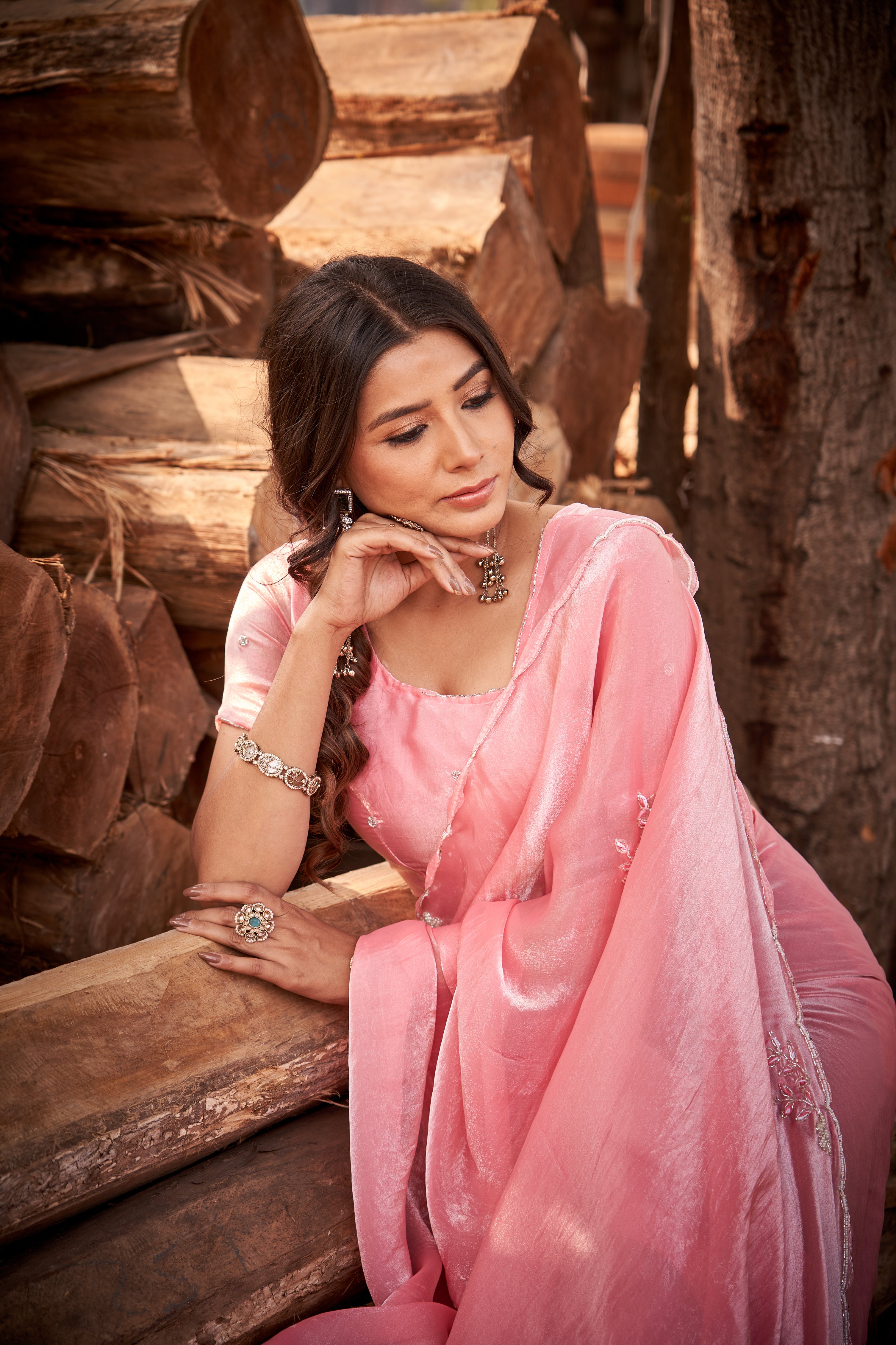 Blush Pink Tussar Silk Saree with Floral Embroidery Border & Blouse Piece