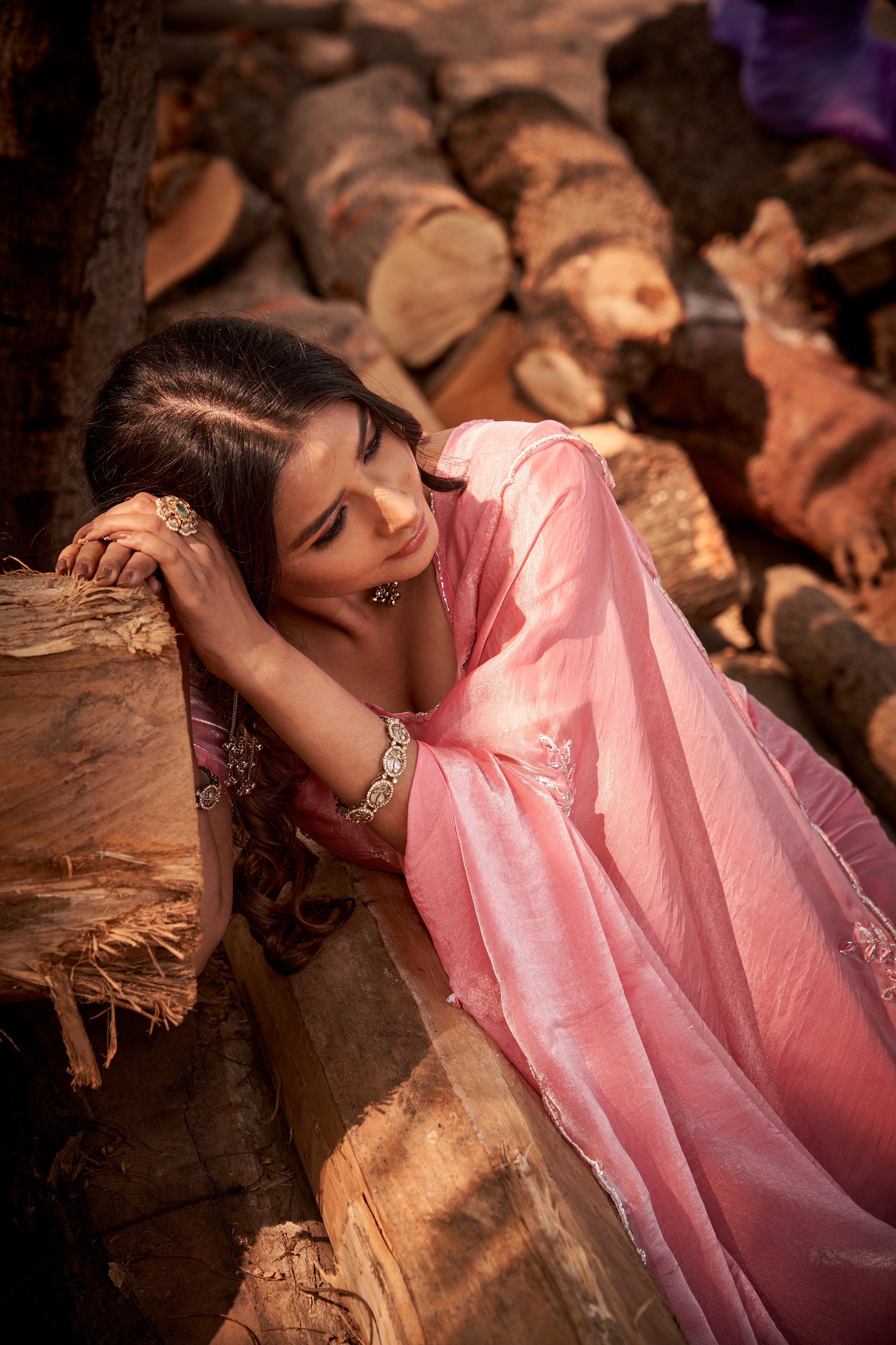 Blush Pink Tussar Silk Saree with Floral Embroidery Border & Blouse Piece