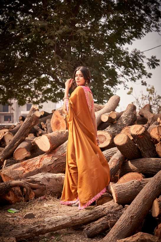 Rust Mustard Saree with Soft Pink Border