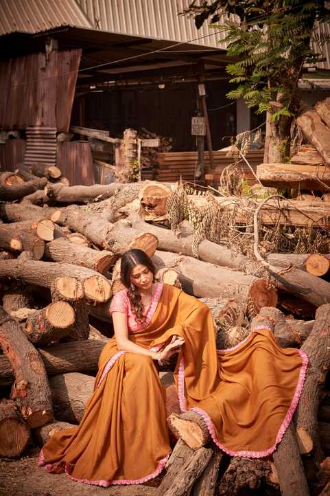 Rust Mustard Saree with Soft Pink Border