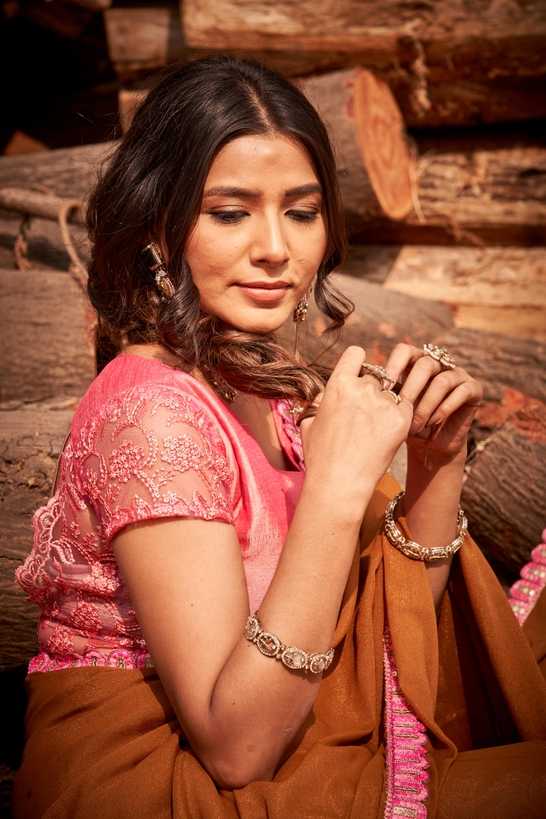 Rust Mustard Saree with Soft Pink Border