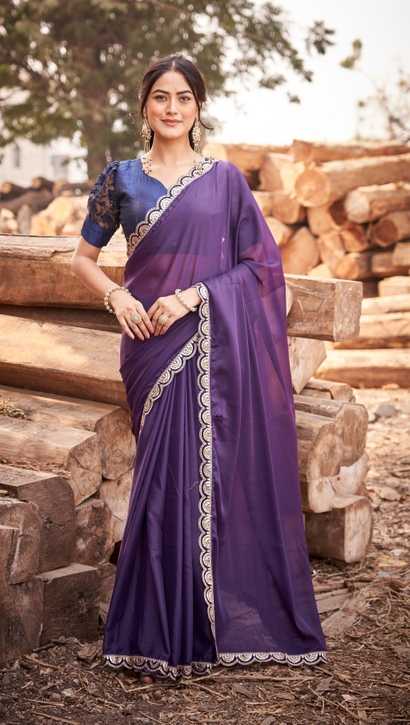 Royal Purple Georgette Saree | Silver Scalloped Border