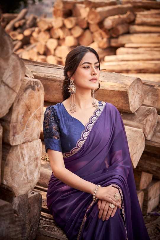 Royal Purple Georgette Saree | Silver Scalloped Border