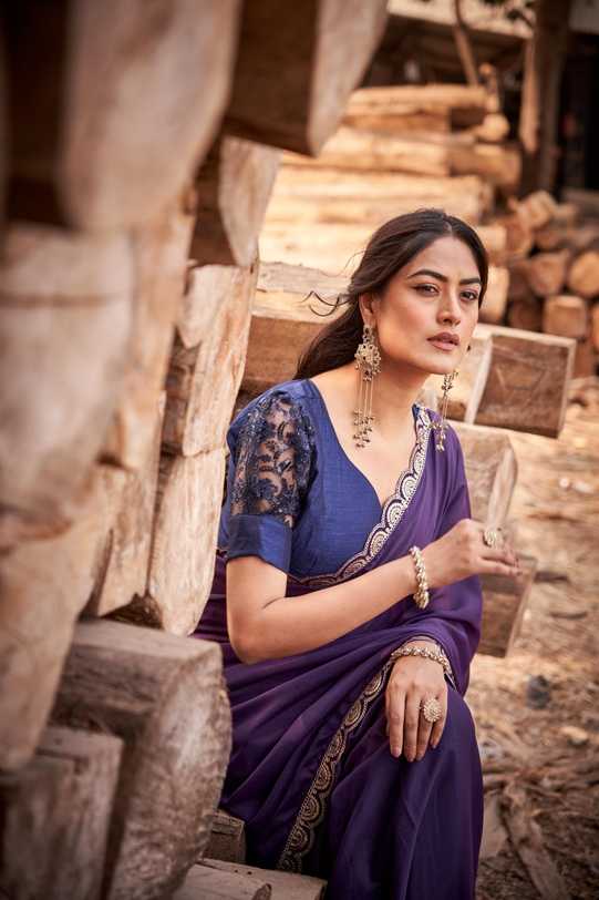 Royal Purple Georgette Saree | Silver Scalloped Border