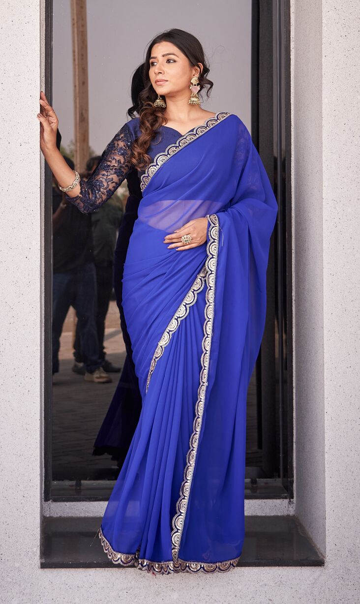 Royal Blue Georgette Saree with Embroidered Lace Border & Blouse Piece