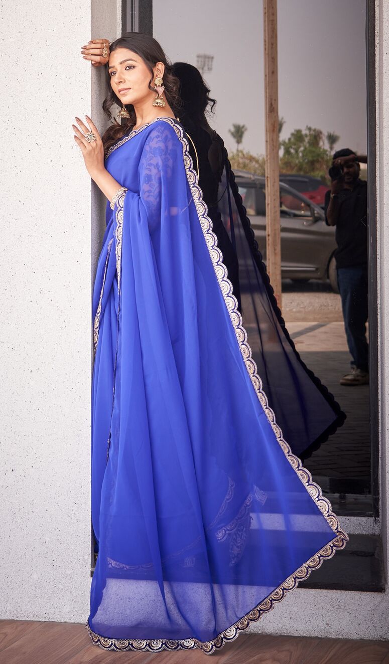 Royal Blue Georgette Saree with Embroidered Lace Border & Blouse Piece