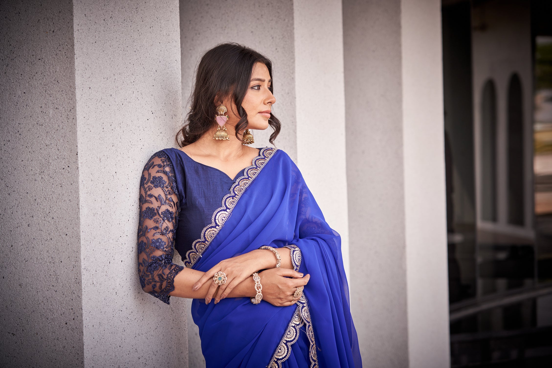 Royal Blue Georgette Saree with Embroidered Lace Border & Blouse Piece