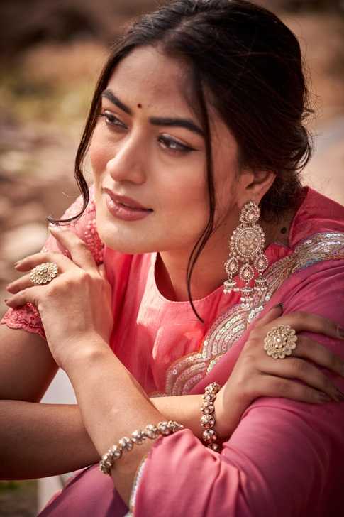 lush Pink Saree with Elegant Gold Border