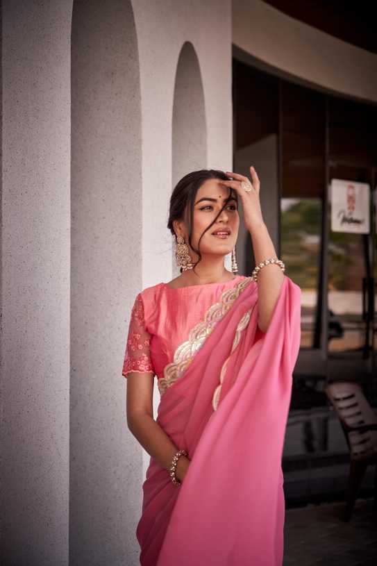 lush Pink Saree with Elegant Gold Border