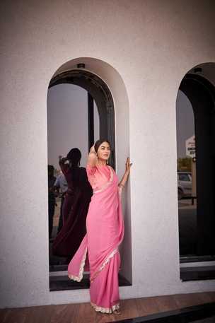 lush Pink Saree with Elegant Gold Border