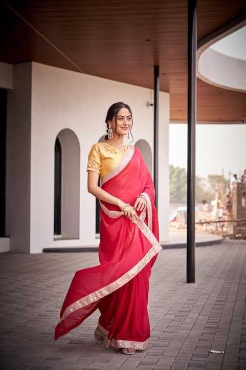 Crimson Red Georgette Saree | Antique Gold Border