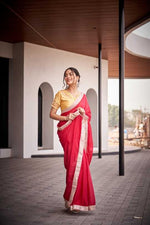 Crimson Red Georgette Saree | Antique Gold Border