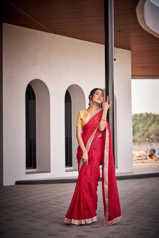 Crimson Red Georgette Saree | Antique Gold Border