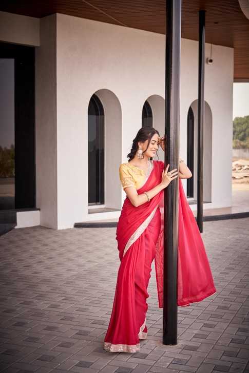 Crimson Red Georgette Saree | Antique Gold Border