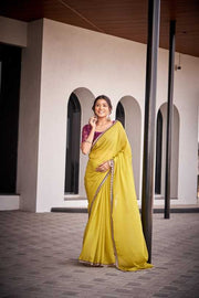 Olive Lime Green Star Georgette Saree | Silver Border with Matching Blouse Piece | Festive & Daytime Wear