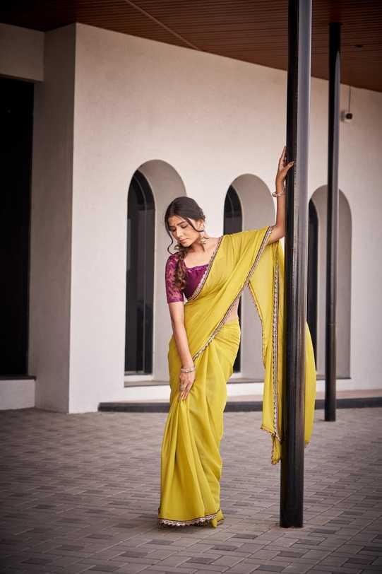 Olive Lime Green Star Georgette Saree | Silver Border with Matching Blouse Piece | Festive & Daytime Wear