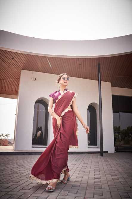 Wine Maroon Star Georgette Saree | Antique Gold Border with Matching Blouse Piece | Festive & Wedding Wear