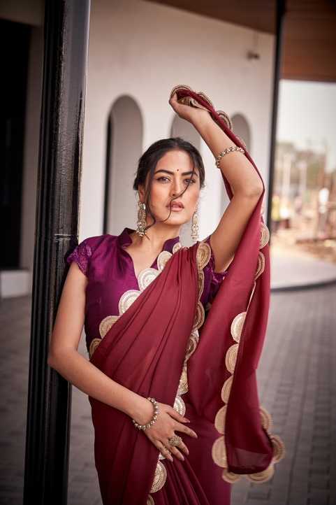 Wine Maroon Star Georgette Saree | Antique Gold Border with Matching Blouse Piece | Festive & Wedding Wear