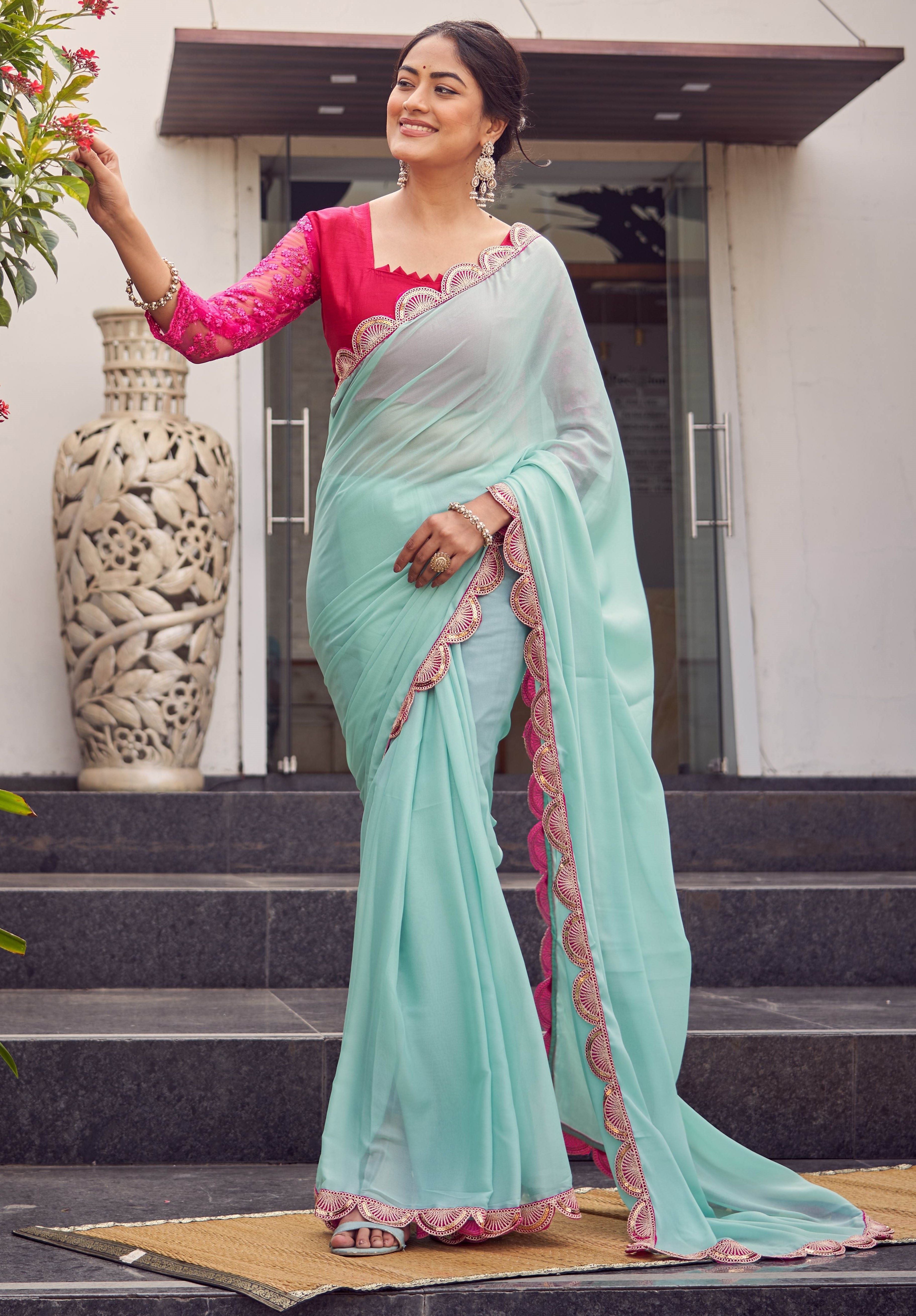 Pastel Grace Mint Green Chiffon Saree
