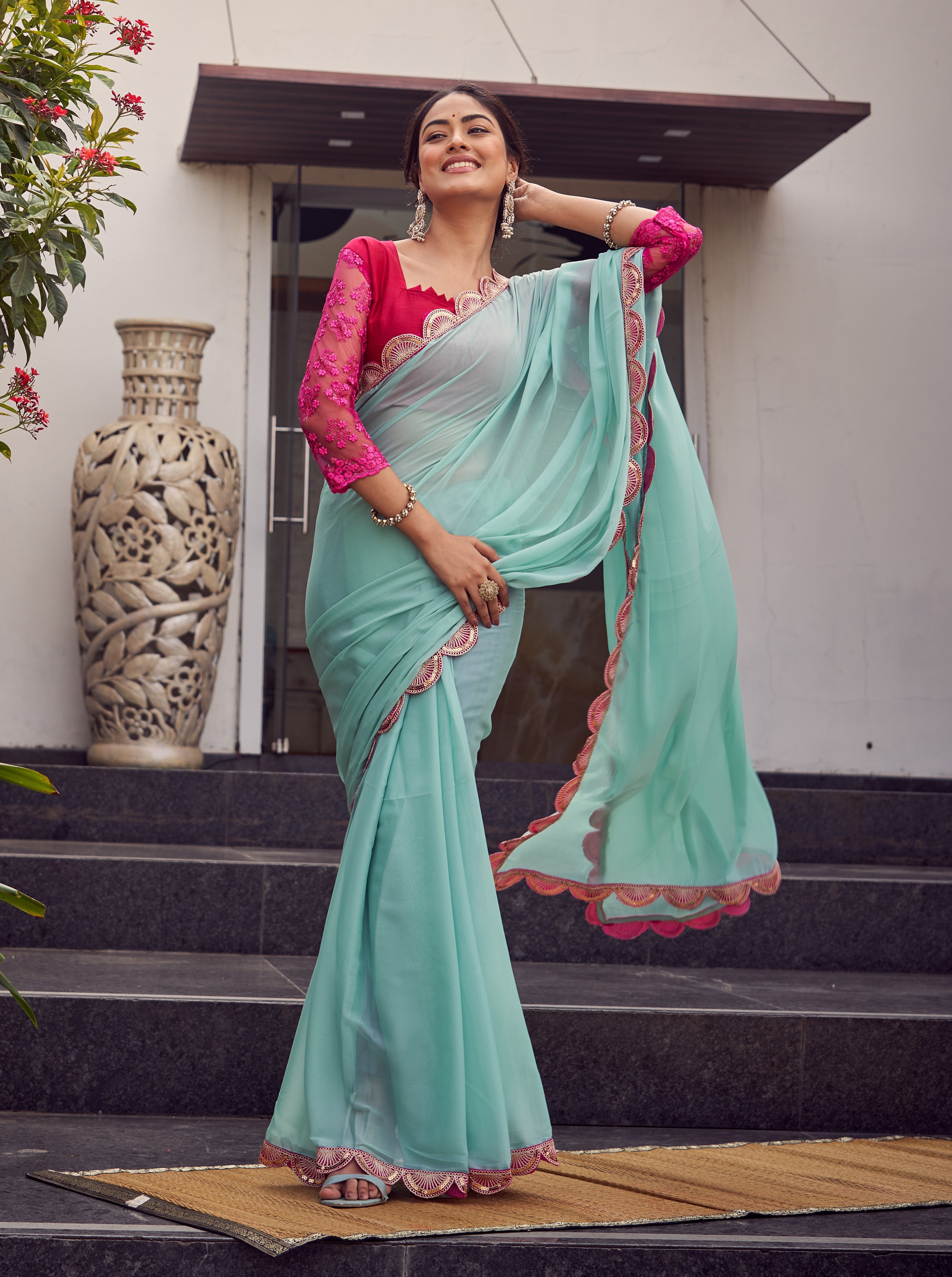 Pastel Grace Mint Green Chiffon Saree