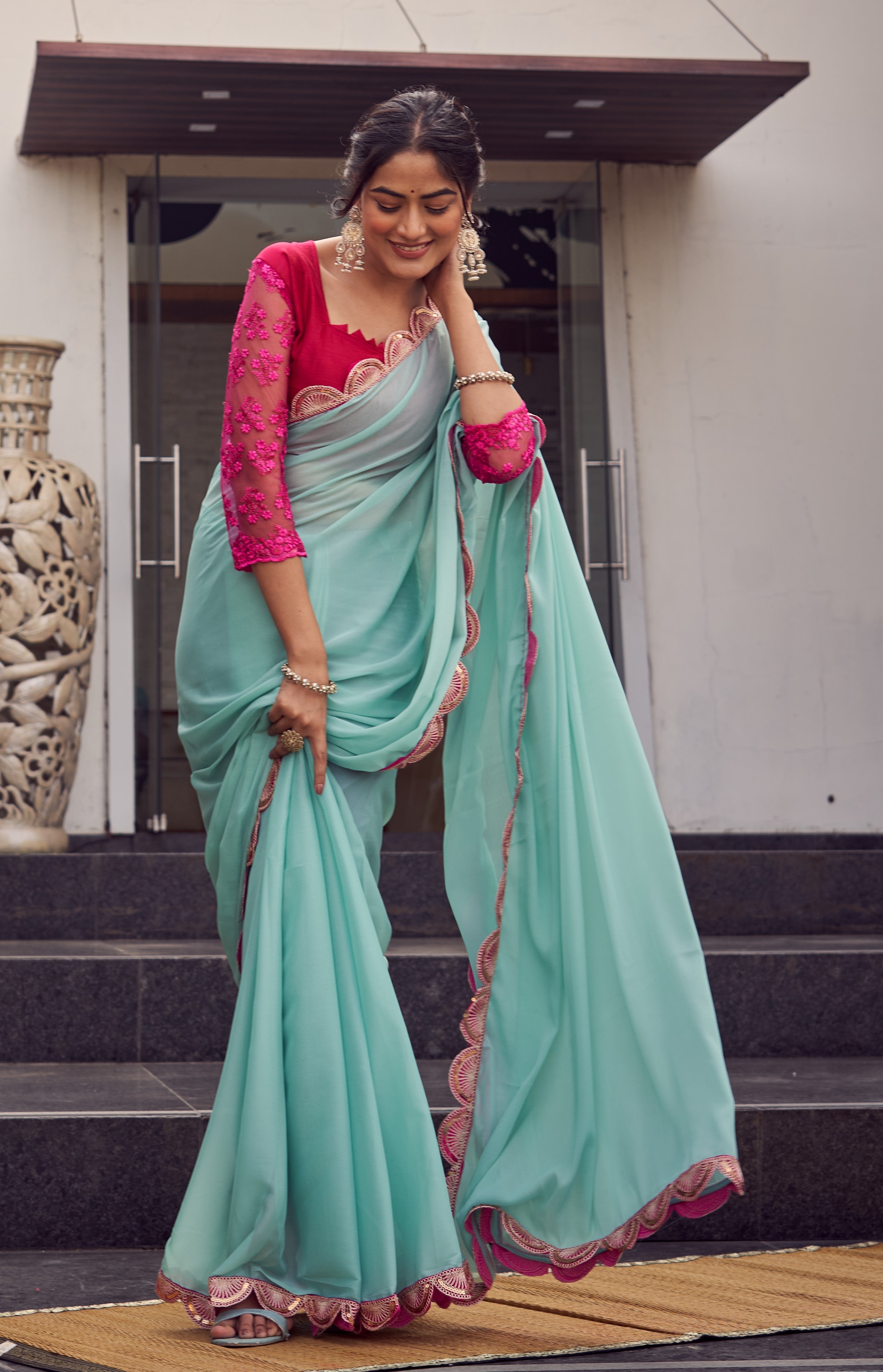 Pastel Grace Mint Green Chiffon Saree