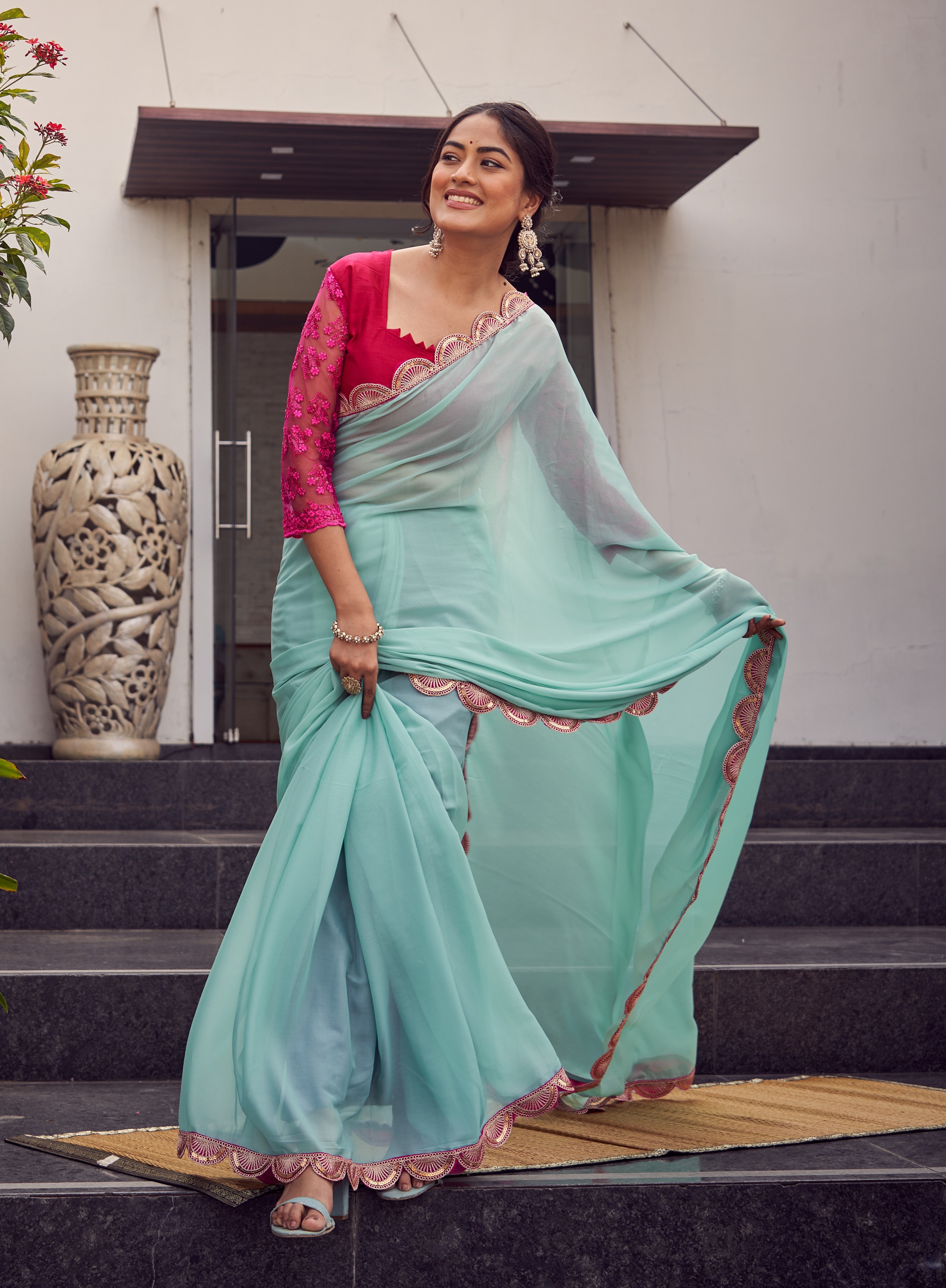 Pastel Grace Mint Green Chiffon Saree