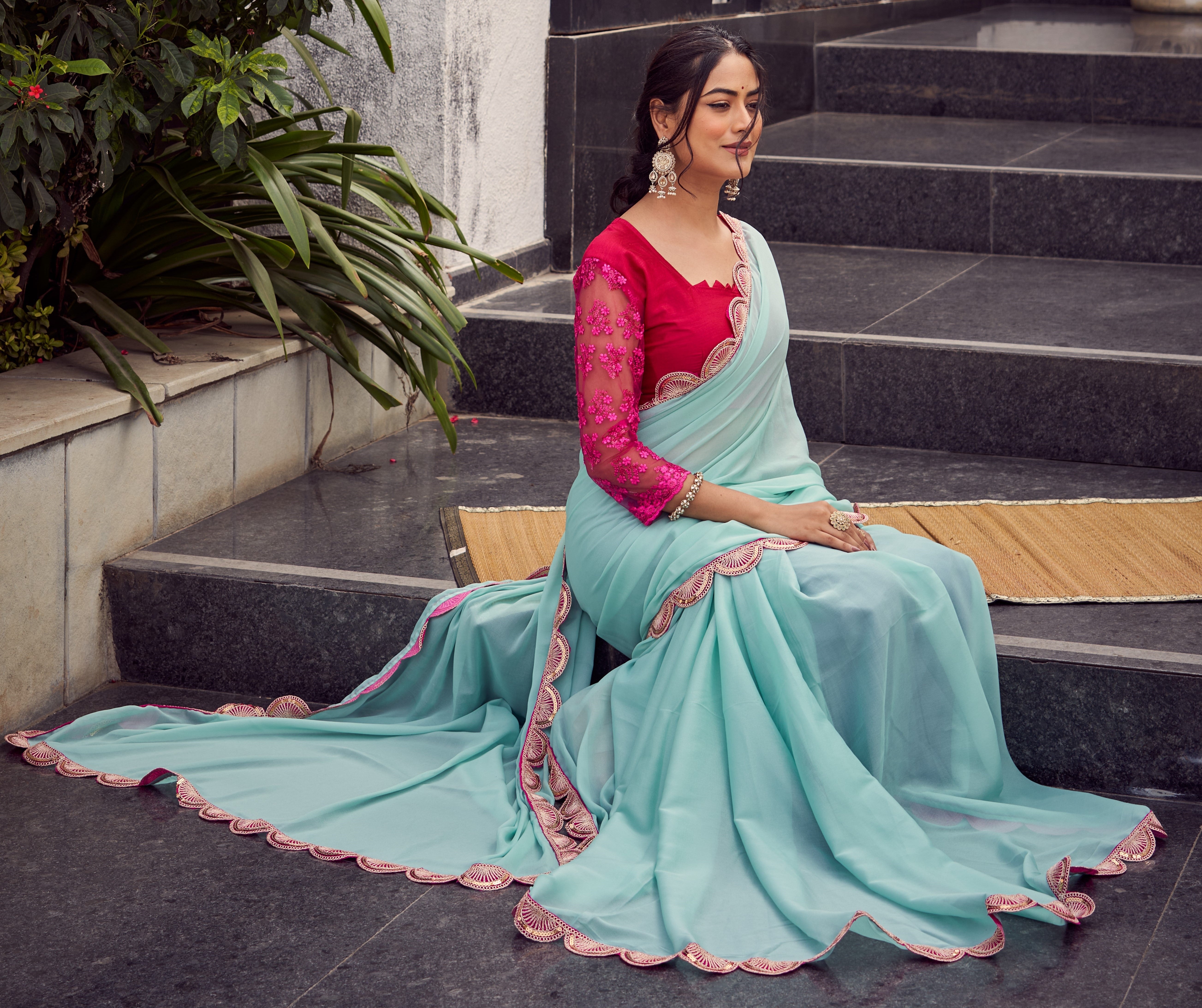 Pastel Grace Mint Green Chiffon Saree
