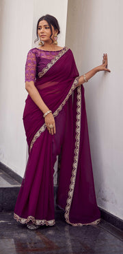 Wine Magenta Saree with Antique Gold Scalloped Border