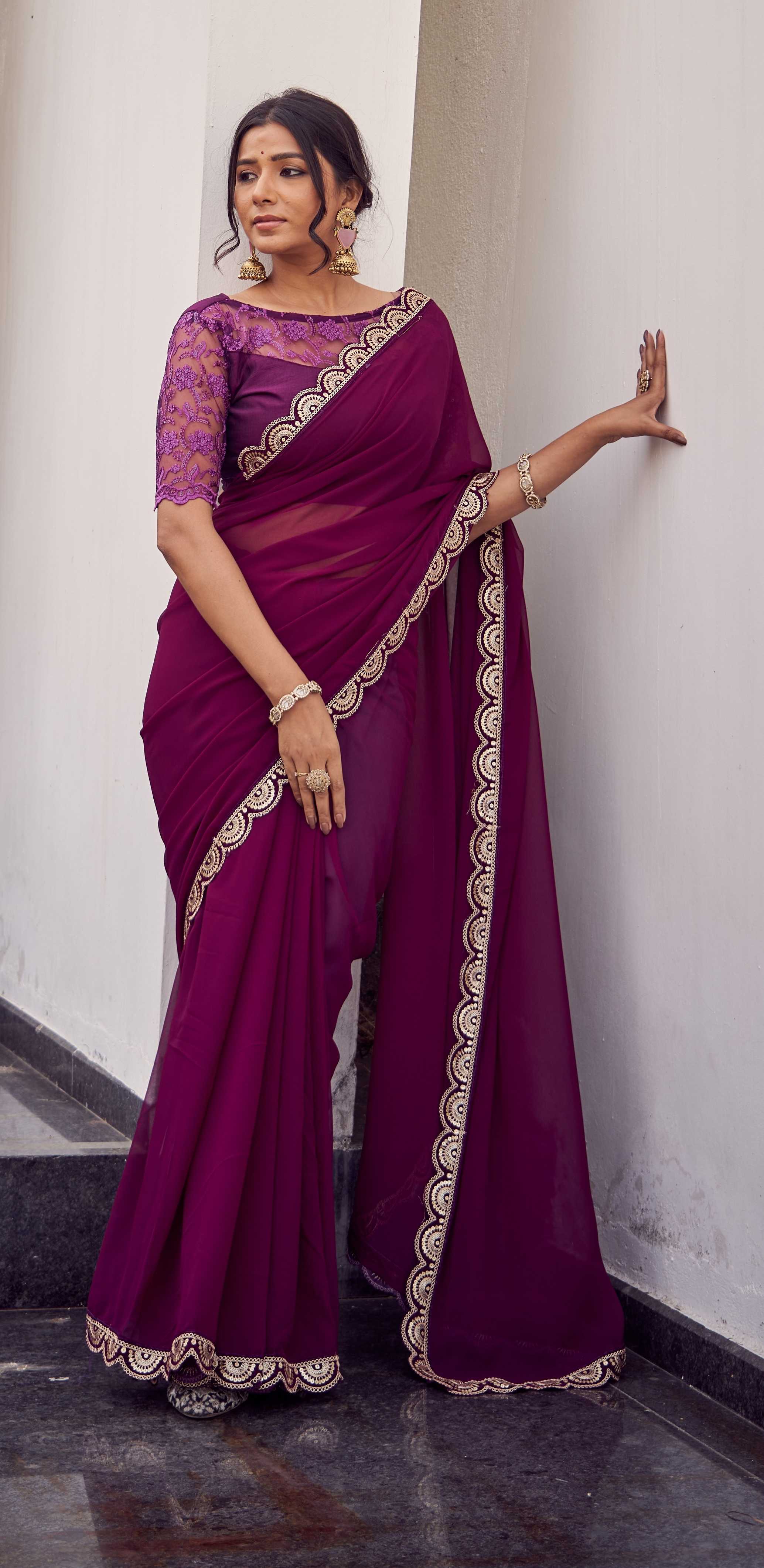 Wine Magenta Saree with Antique Gold Scalloped Border