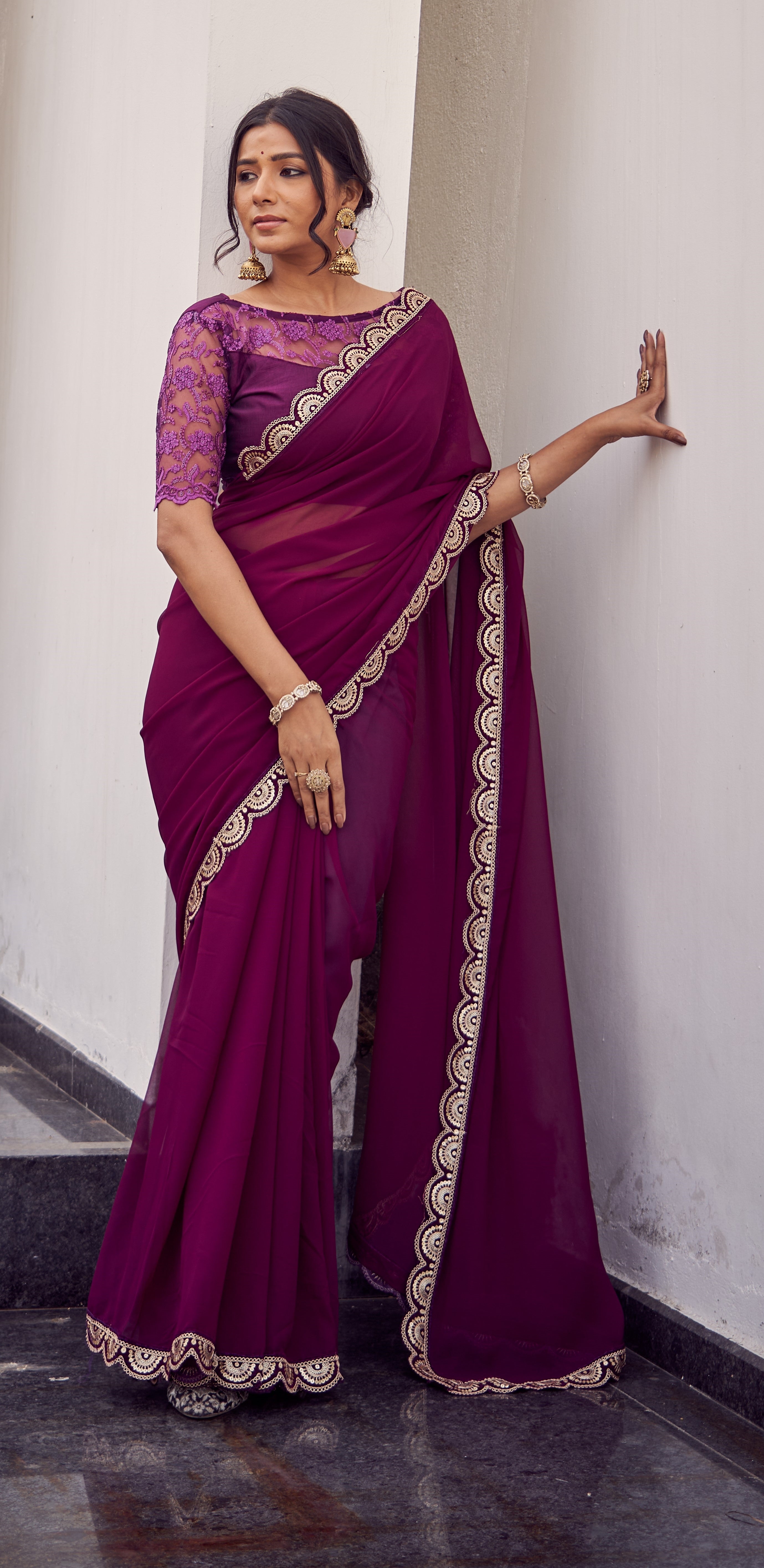 Wine Purple Lace Border Chiffon Saree