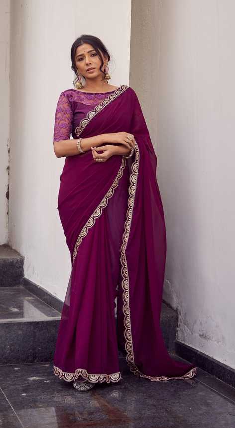 Wine Magenta Saree with Antique Gold Scalloped Border
