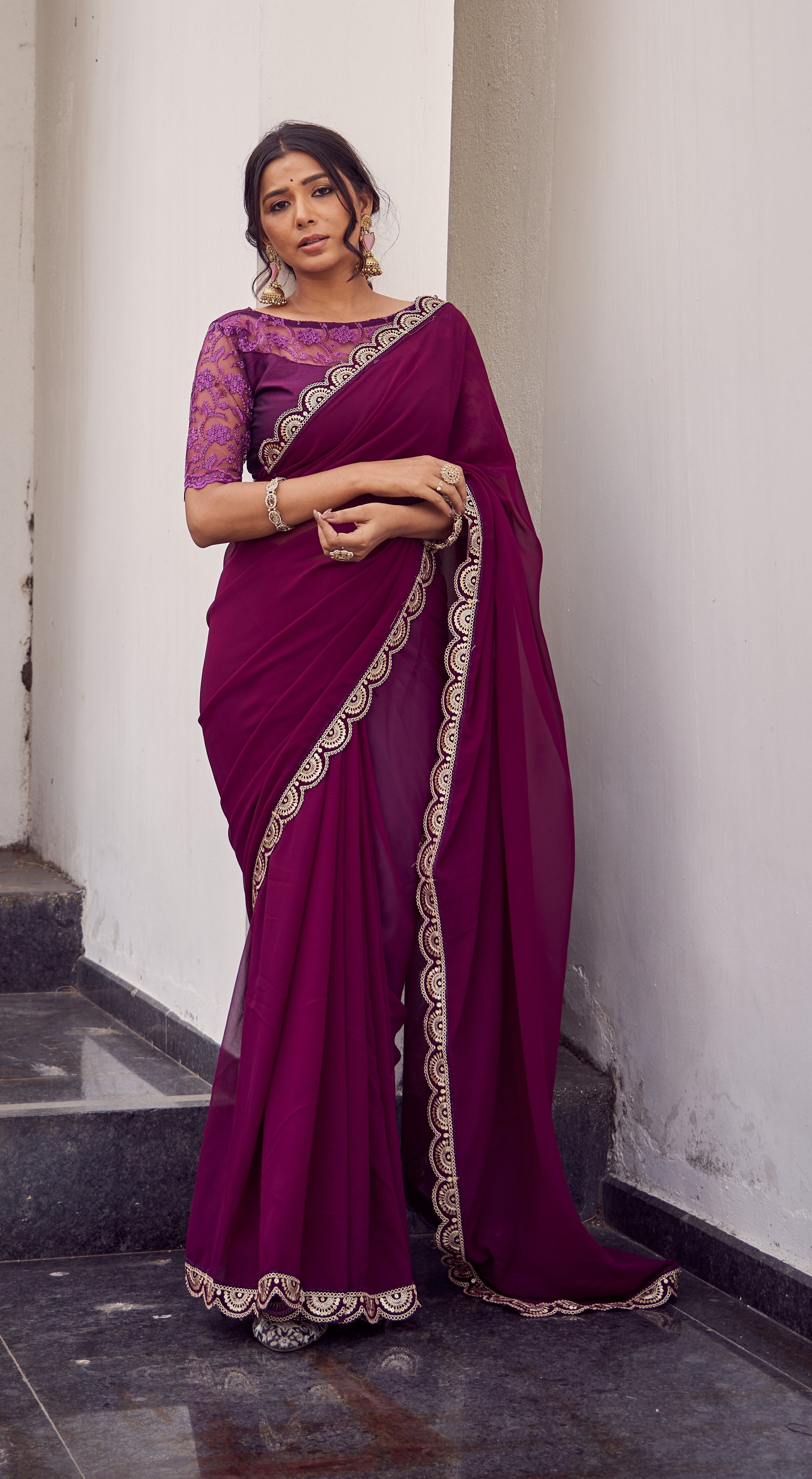 Wine Purple Lace Border Chiffon Saree