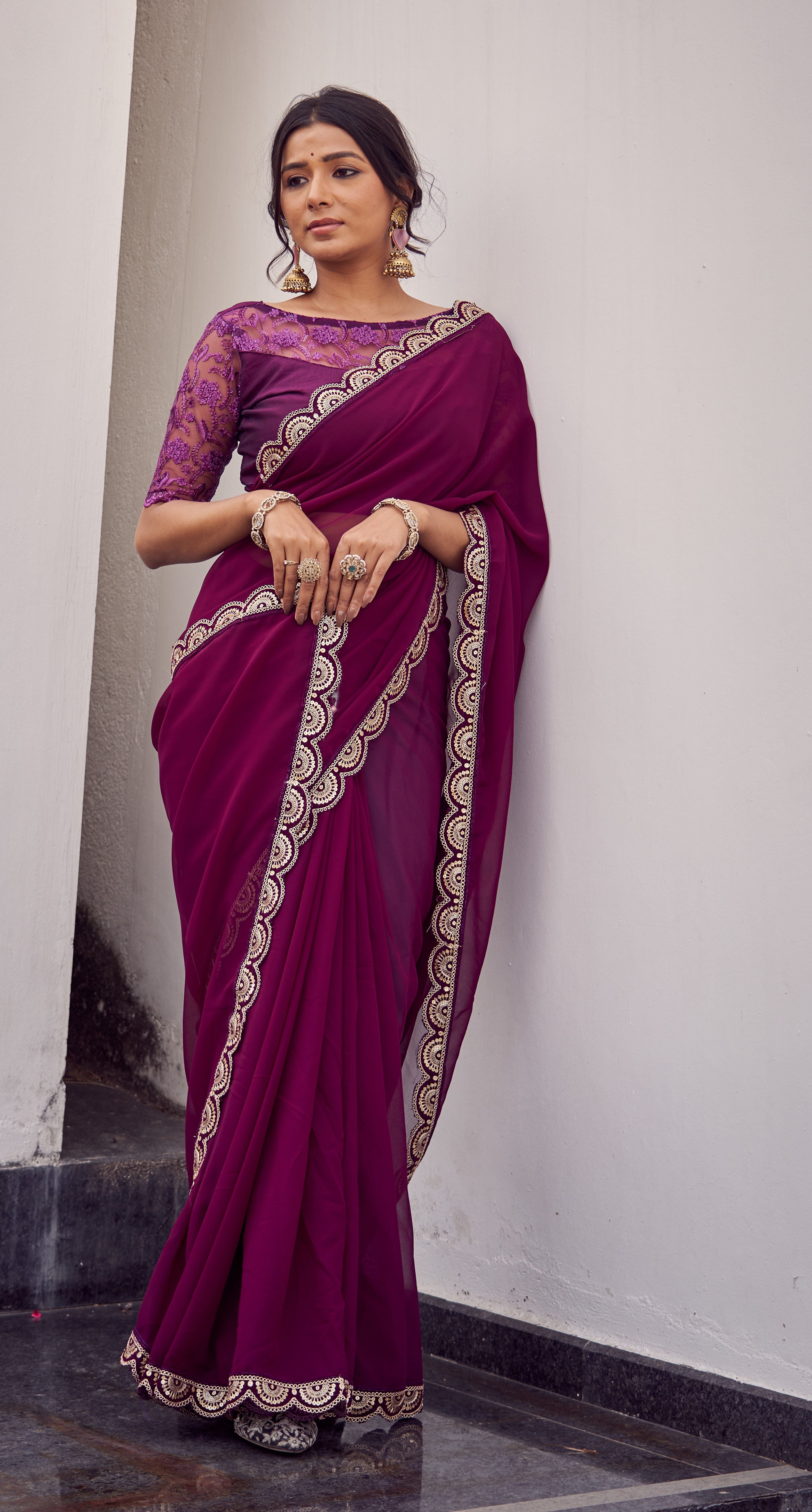 Wine Purple Lace Border Chiffon Saree