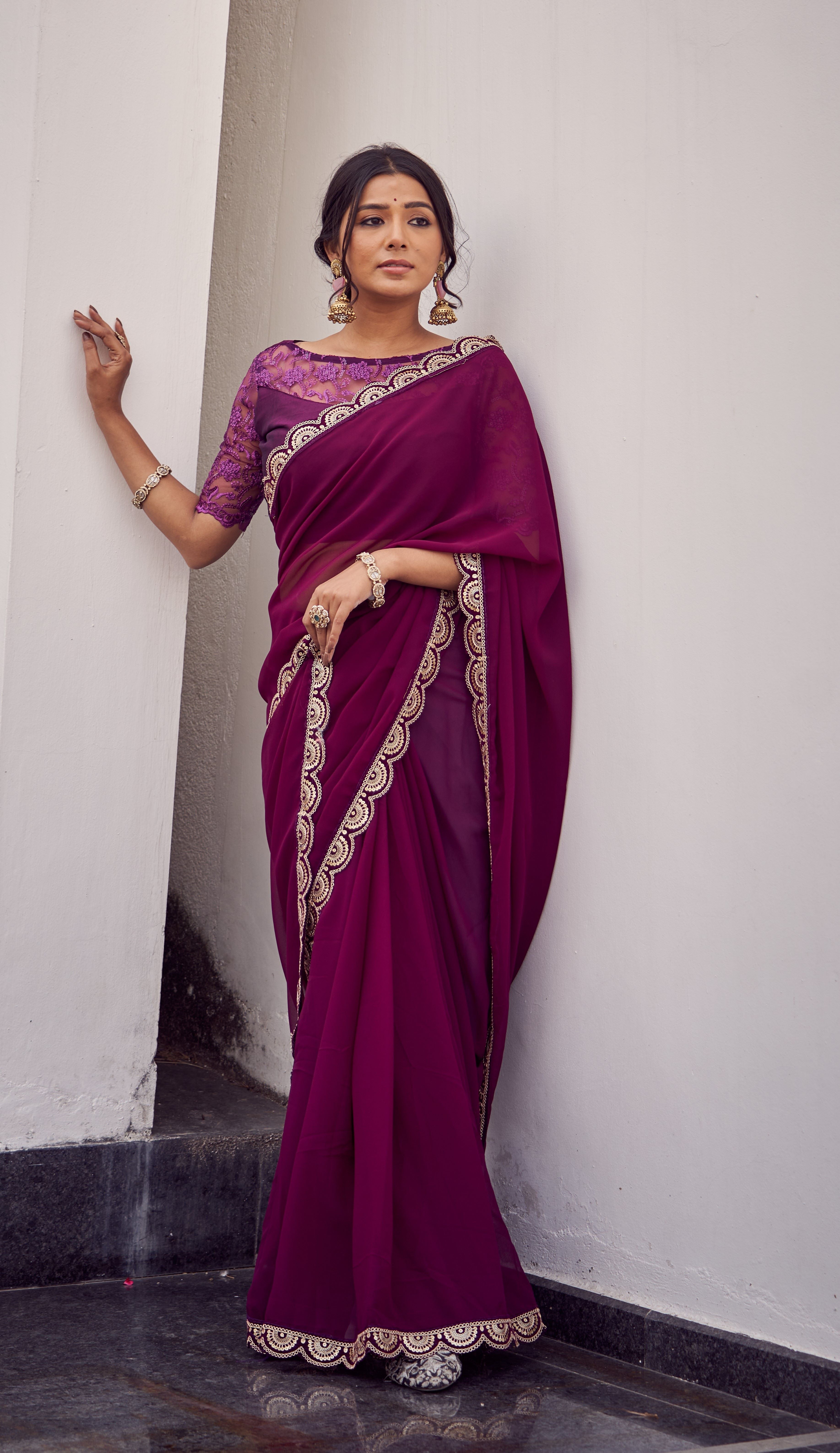 Wine Purple Lace Border Chiffon Saree