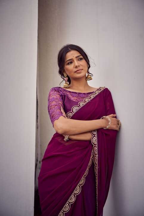 Wine Magenta Saree with Antique Gold Scalloped Border