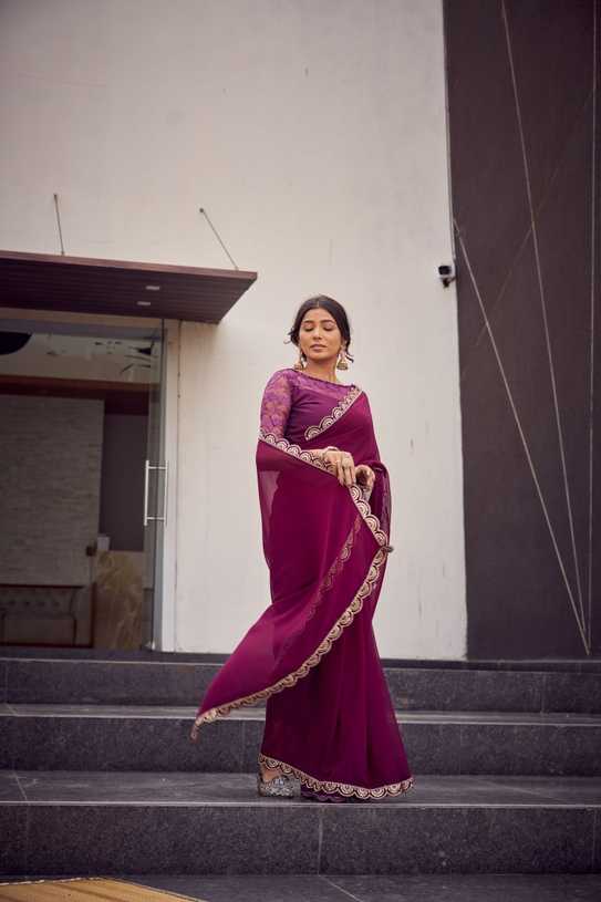 Wine Magenta Saree with Antique Gold Scalloped Border