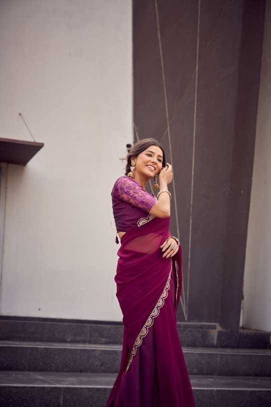 Wine Magenta Saree with Antique Gold Scalloped Border