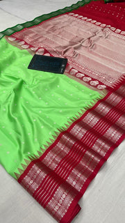Premium Light Green Gadwal Silk Saree with Maroon Border & Silver Zari Pallu