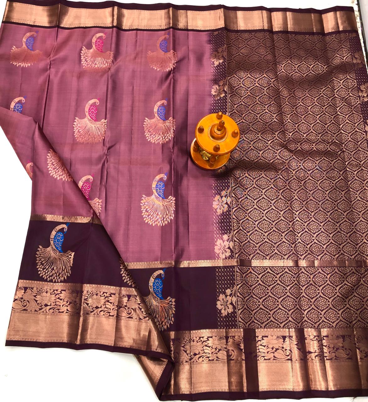 Premium Dusty Mauve Kanchipuram Silk Saree with Coffee Brown Contrast Border & Rich Silver Zari Peacock Motifs | Luxury Wedding & Festive Silk Saree for Women