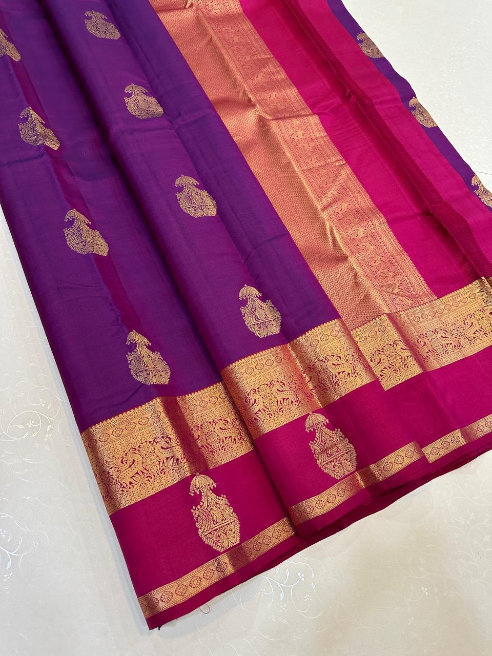 Premium Royal Purple Kanchipuram Silk Saree with Rani Pink Contrast Border & Rich Gold Zari Paisley Butti | Luxury Wedding & Festive Silk Saree for Women