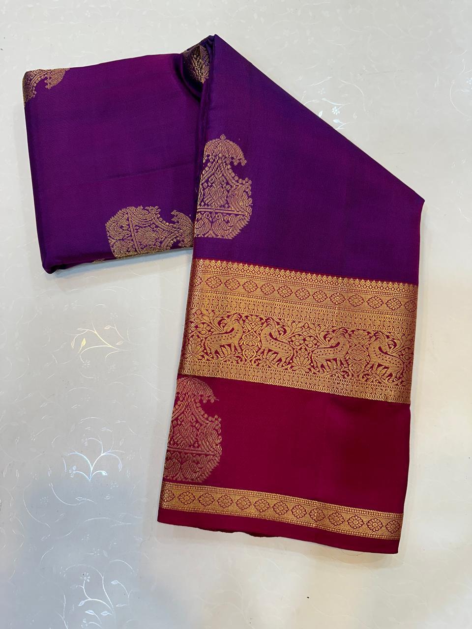 Premium Royal Purple Kanchipuram Silk Saree with Rani Pink Contrast Border & Rich Gold Zari Paisley Butti | Luxury Wedding & Festive Silk Saree for Women