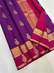 Premium Royal Purple Kanchipuram Silk Saree with Rani Pink Contrast Border & Rich Gold Zari Paisley Butti | Luxury Wedding & Festive Silk Saree for Women